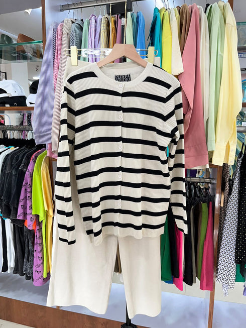 PLOYPA Casual Strip Cardigan With Loose Wide Leg Pants